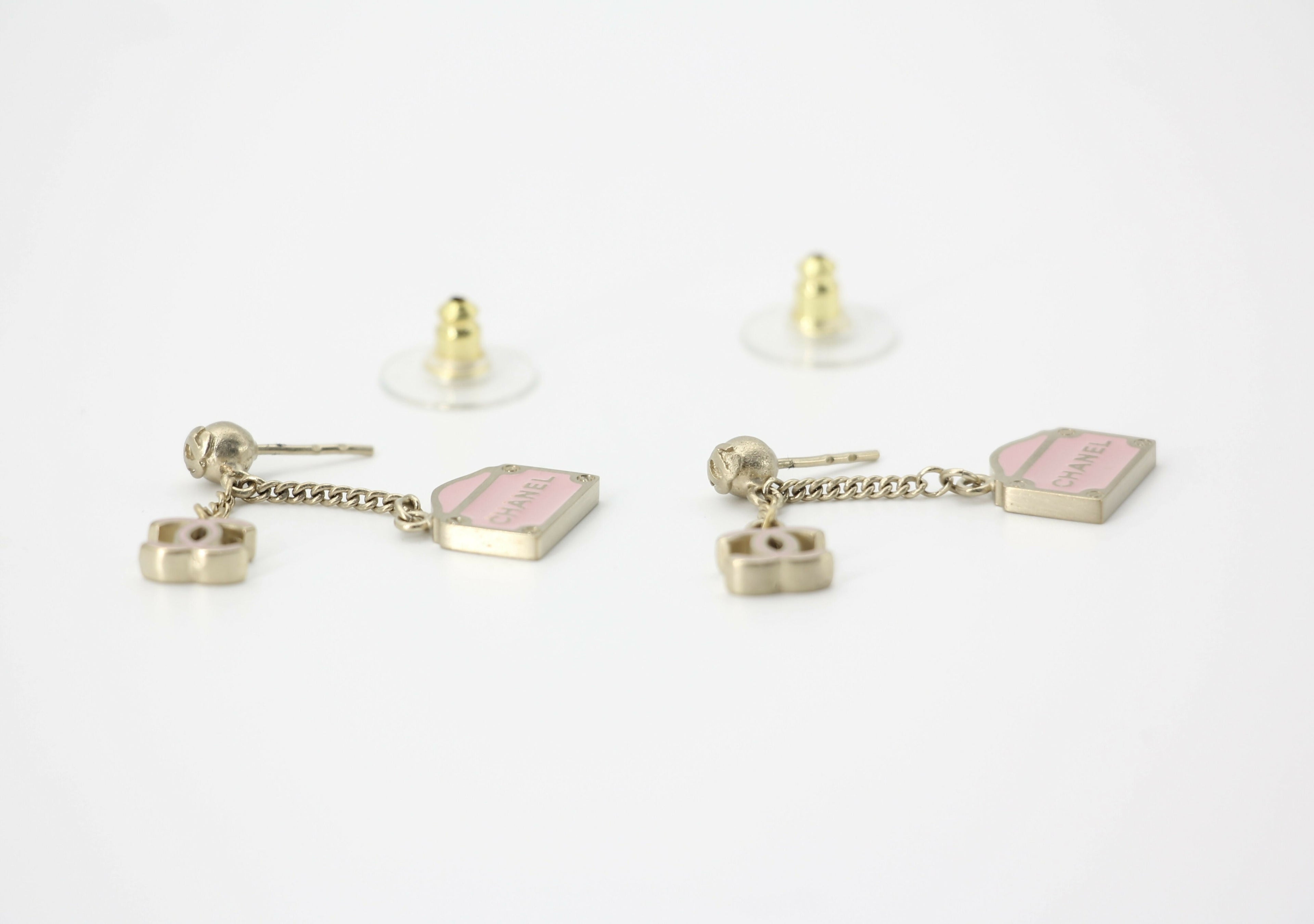 Chanel Vintage 01 Enamel Pink Purse Rue Cambon CC Dangle Stud Earrings