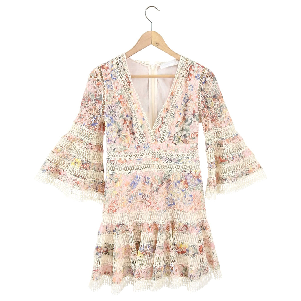 Zimmermann Laelia Foral Eyelet Lace Trim Short Dress - XS