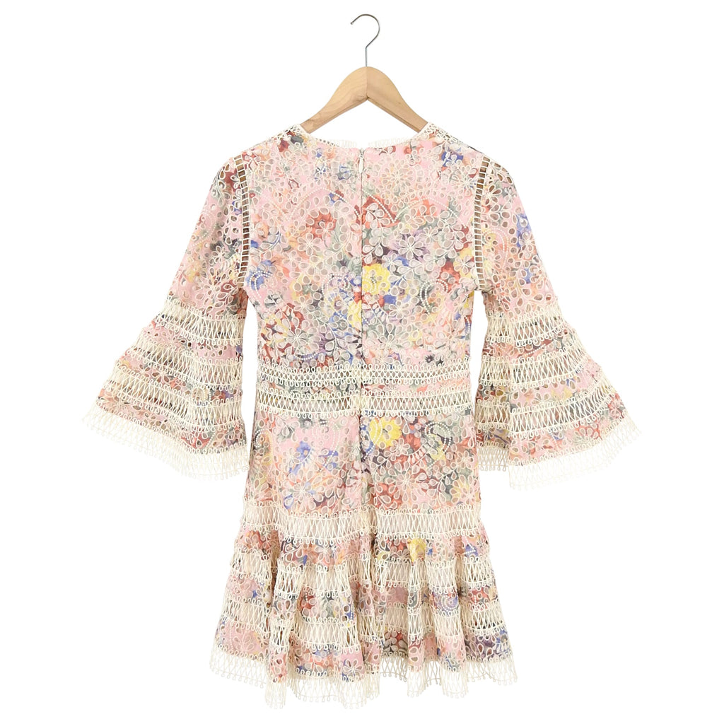Zimmermann Laelia Foral Eyelet Lace Trim Short Dress - XS