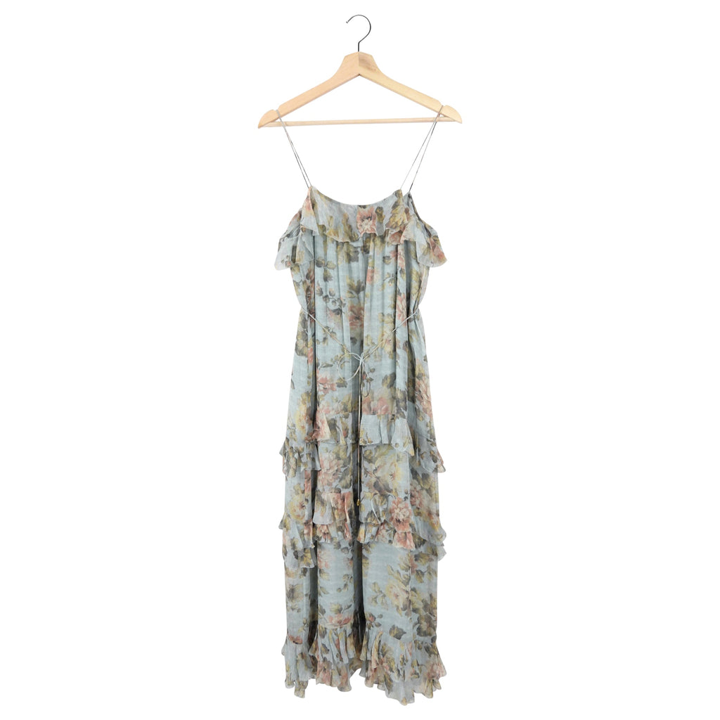 Zimmermann Floral Strappy Silk Ruffle Long Gown - USA S