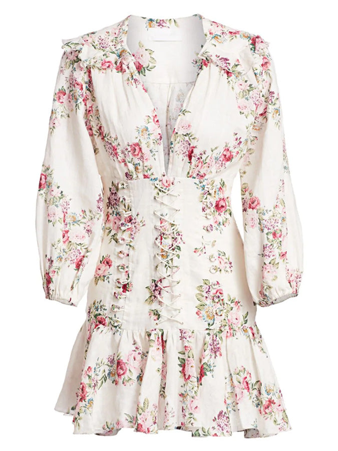 Zimmermann Honour Corset Floral Linen Ruffle Mini Dress - 6/8
