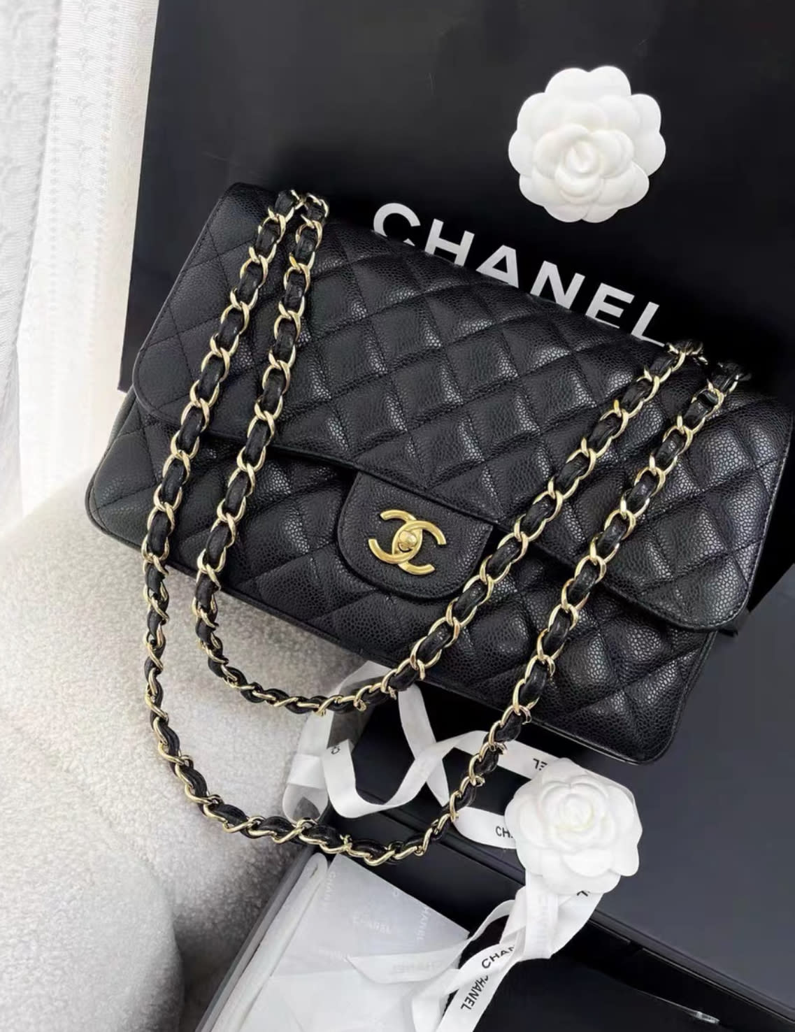 Chanel black lychee cowhide CF large jumbo chain bag