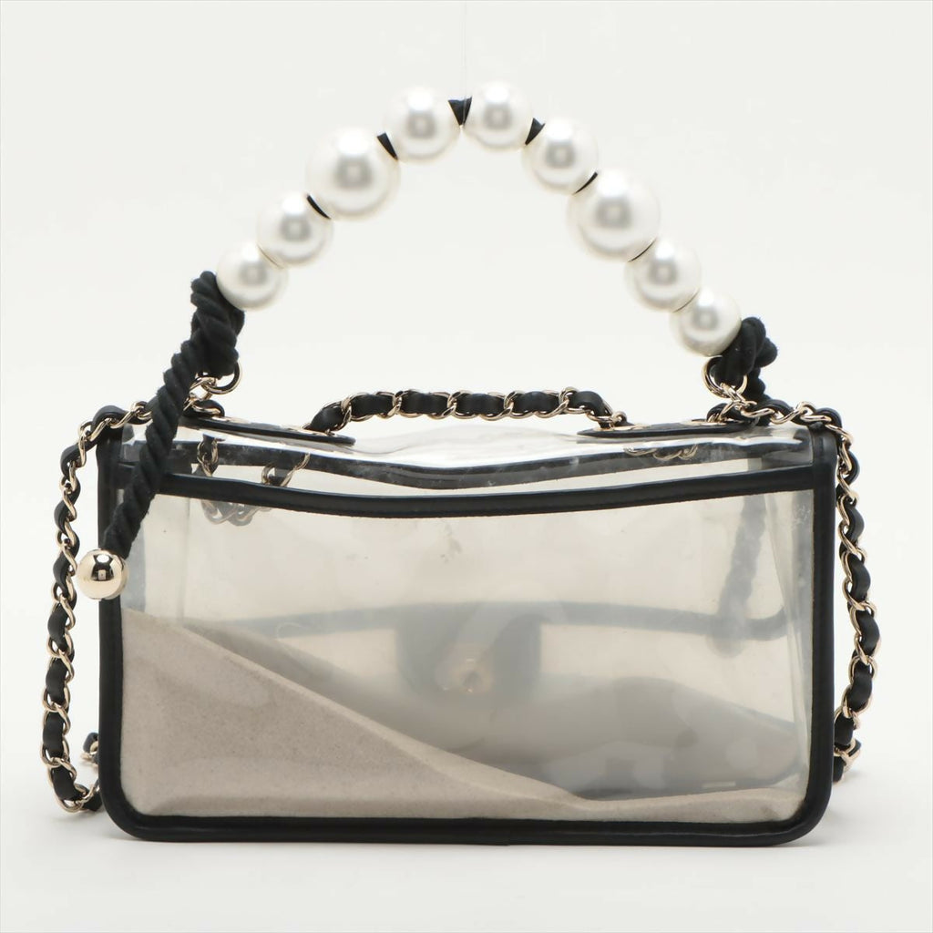 Chanel Black Lambskin PVC Sand By The Sea With Pearl Strap Flap Bag